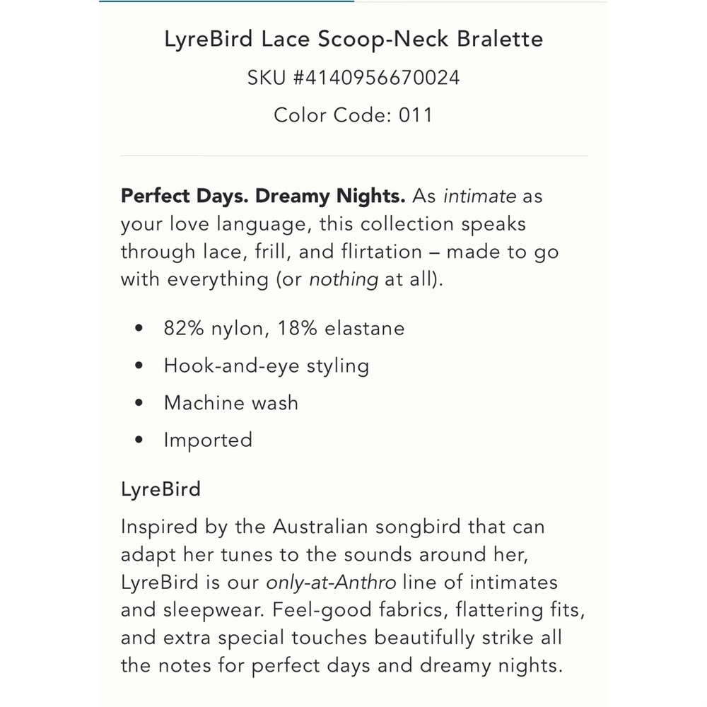 Anthropologie LyreBird Lace Scoop-Neck Bralette - Picture 3 of 3